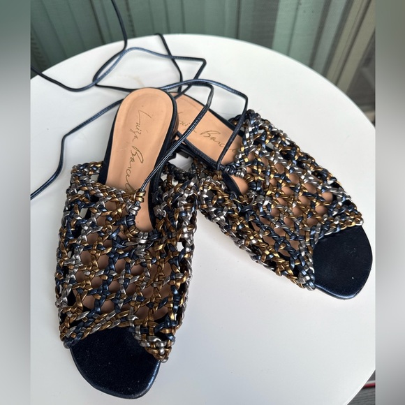 Luiza Barcelos Metallic Woven Lace-Up Sandals Navy Blue Gold Silver Size 8 - Picture 6 of 9